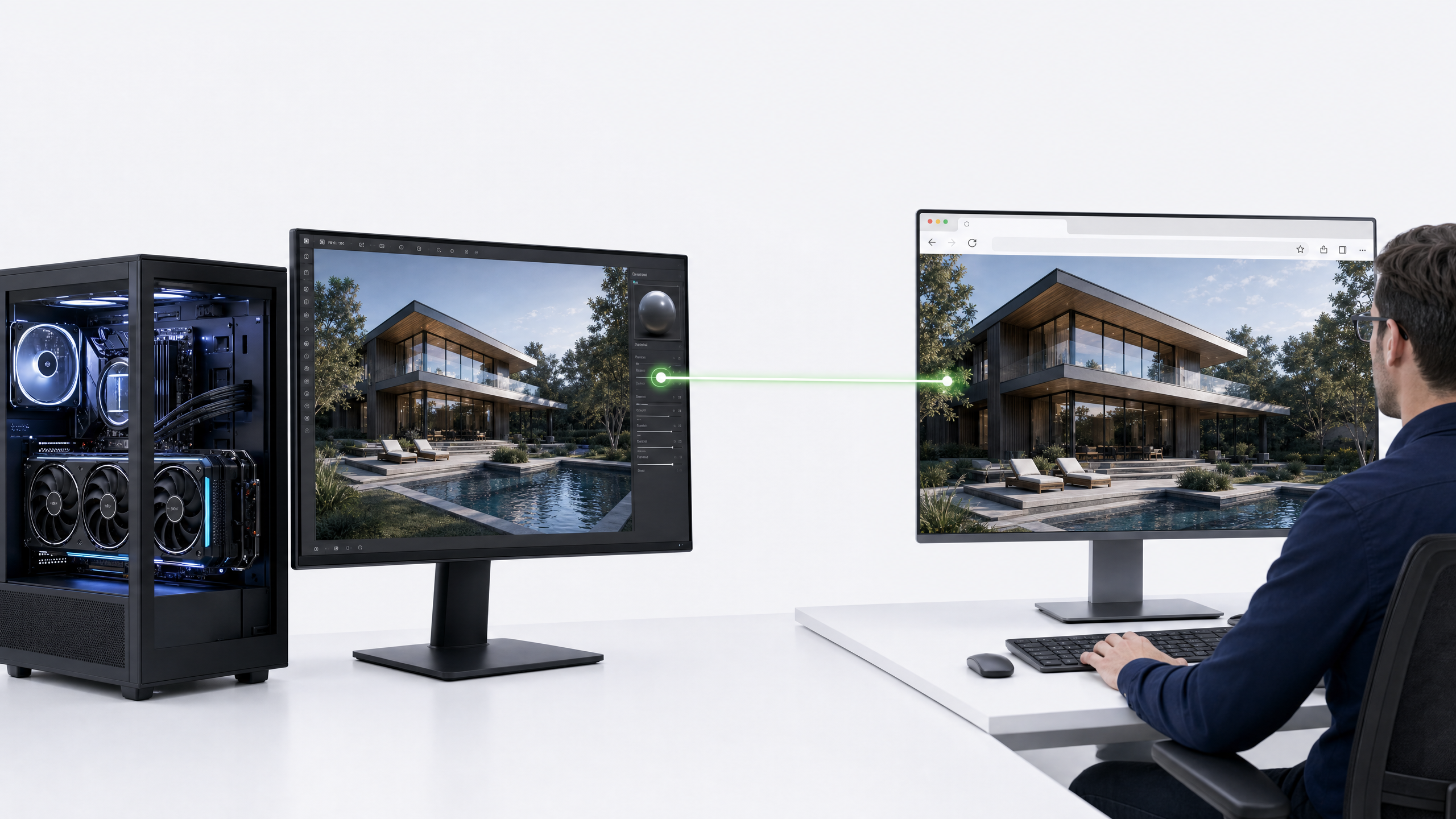 How ImmerShare Lite streams local GPU power directly to remote browser reviewers via low-latency WebRTC.